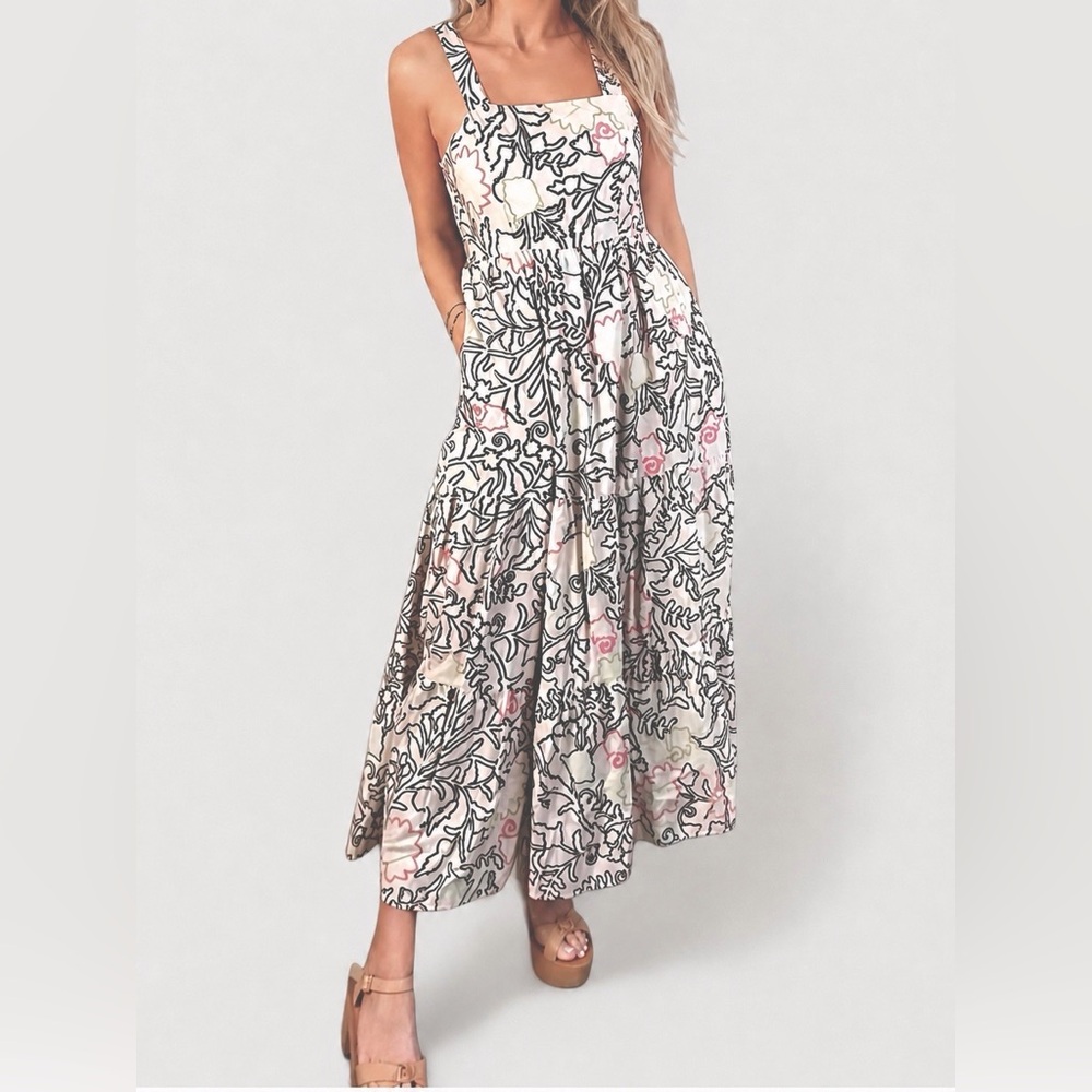 Knox Rose Beige Floral Tiered Maxi Dress XS Cottagecore Boho Pockets